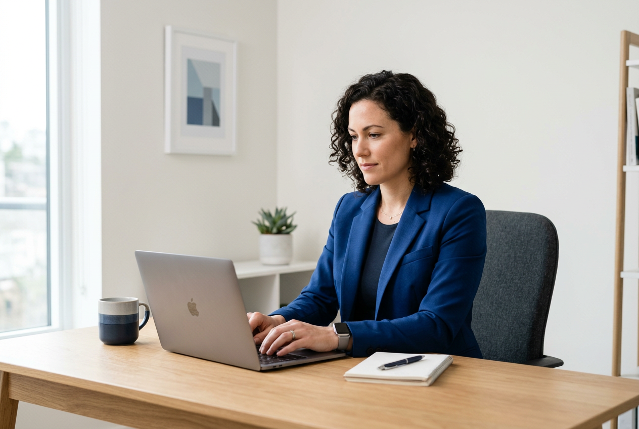 Small business owner working on her laptop to learn AI for small business marketing