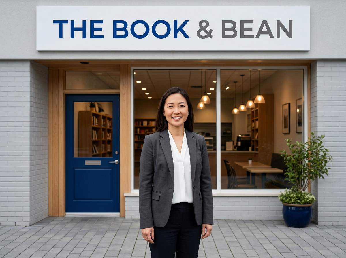 A small business owner standing in front of her shop - she needs to grow it so she's exploring AI for small business marketing