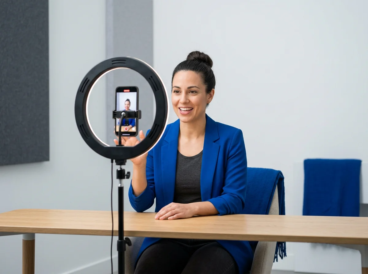 Small business owner filming a social media video with a ring light - social media for small businesses