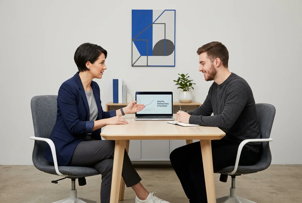 Marketing coach for small businesses working with a business owner