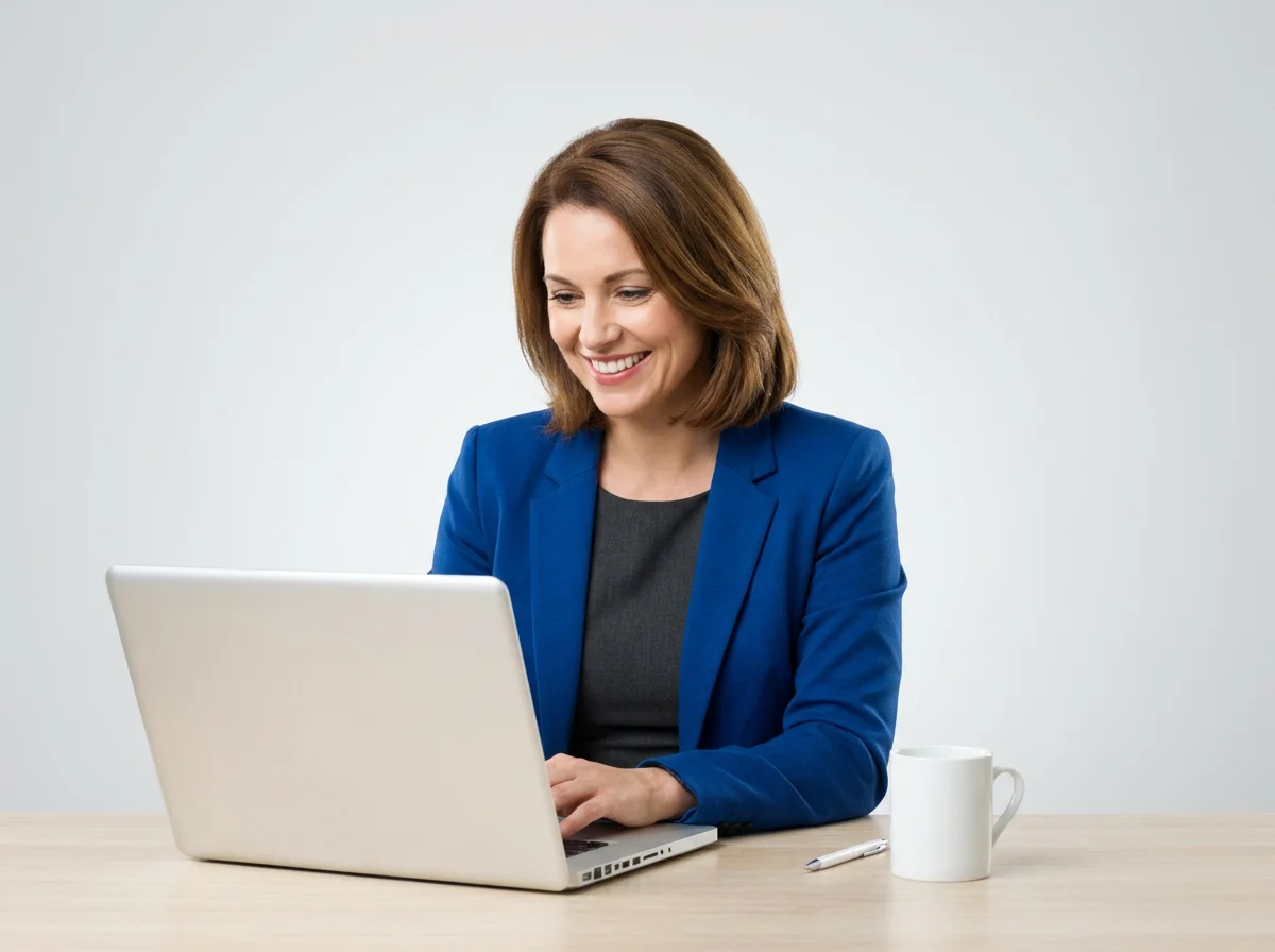 Business woman working on laptop, happily following a digital marketing roadmap