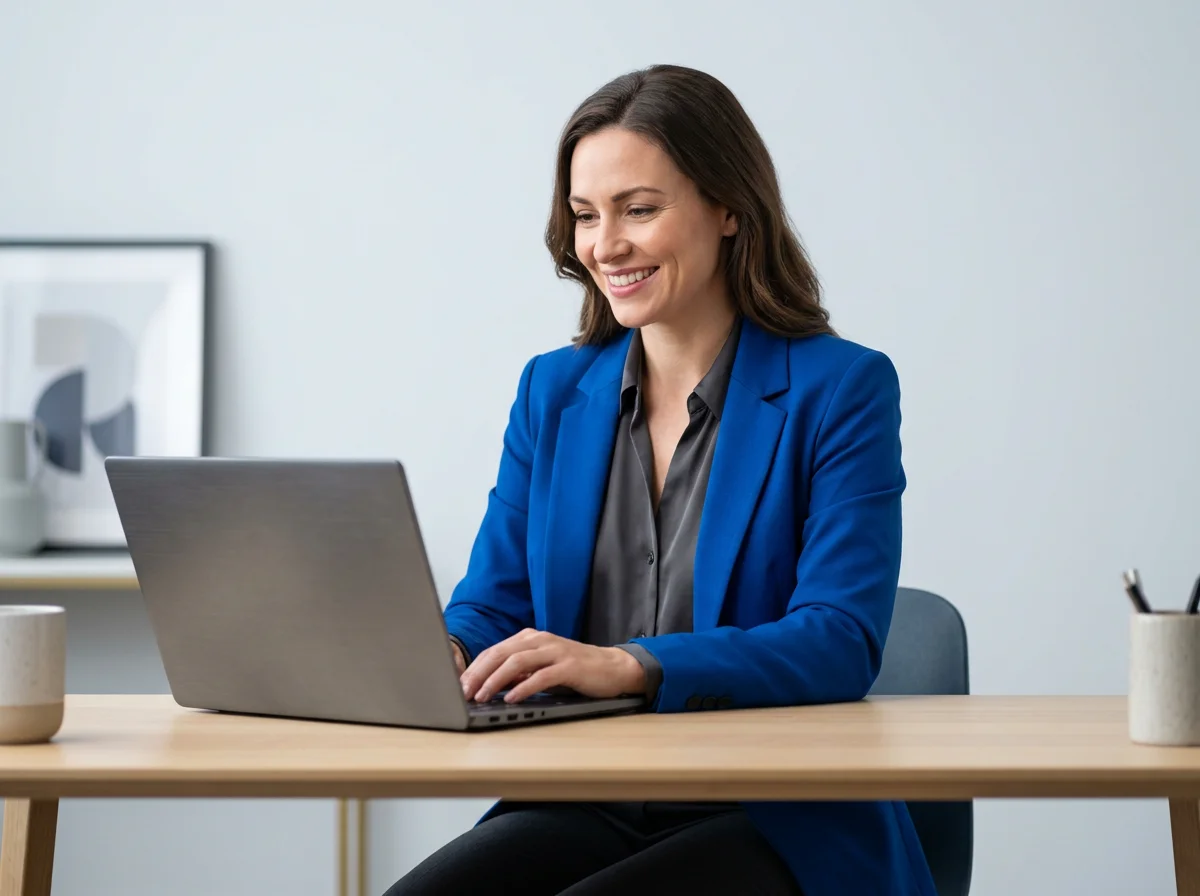 A small business owner executing her marketing plan on her laptop